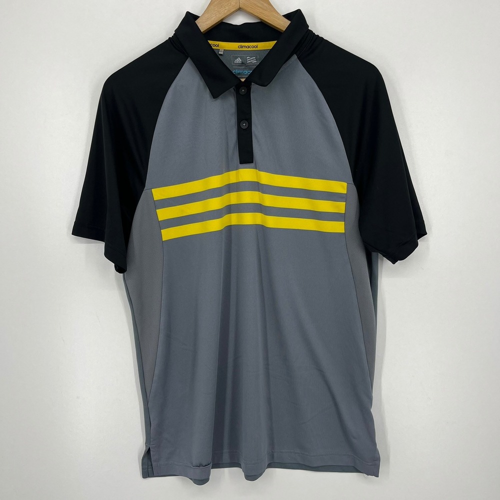 Adidas Golf Climacool‎ Mens Polo Shirt Grey Black Yellow Stripes Medium